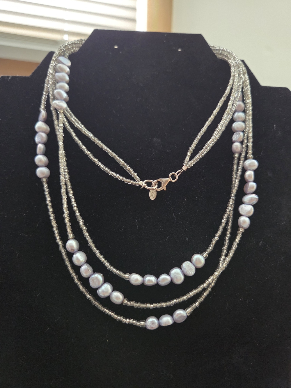 Three-Strand Gray Freshwater Pearl and Bead Necklace 925 Silver Lock